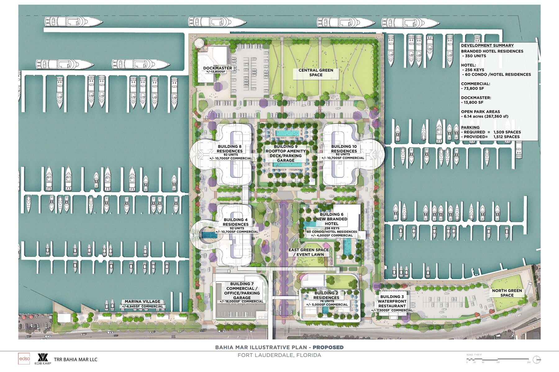 Bahia Mar illustrative plan (proposed) — 350 branded residences, a 256-key hotel, a reimagined marina village and waterfront restaurant, and 6.14 acres of public open space. Illustrative plan by EDSA / Kobi Karp for TRR Bahia Mar.