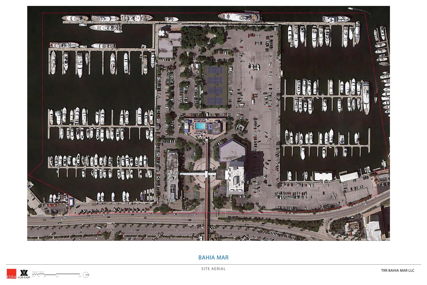The existing Bahia Mar marina on Fort Lauderdale's barrier island — the site the redevelopment reimagines. Site aerial, EDSA / Kobi Karp.